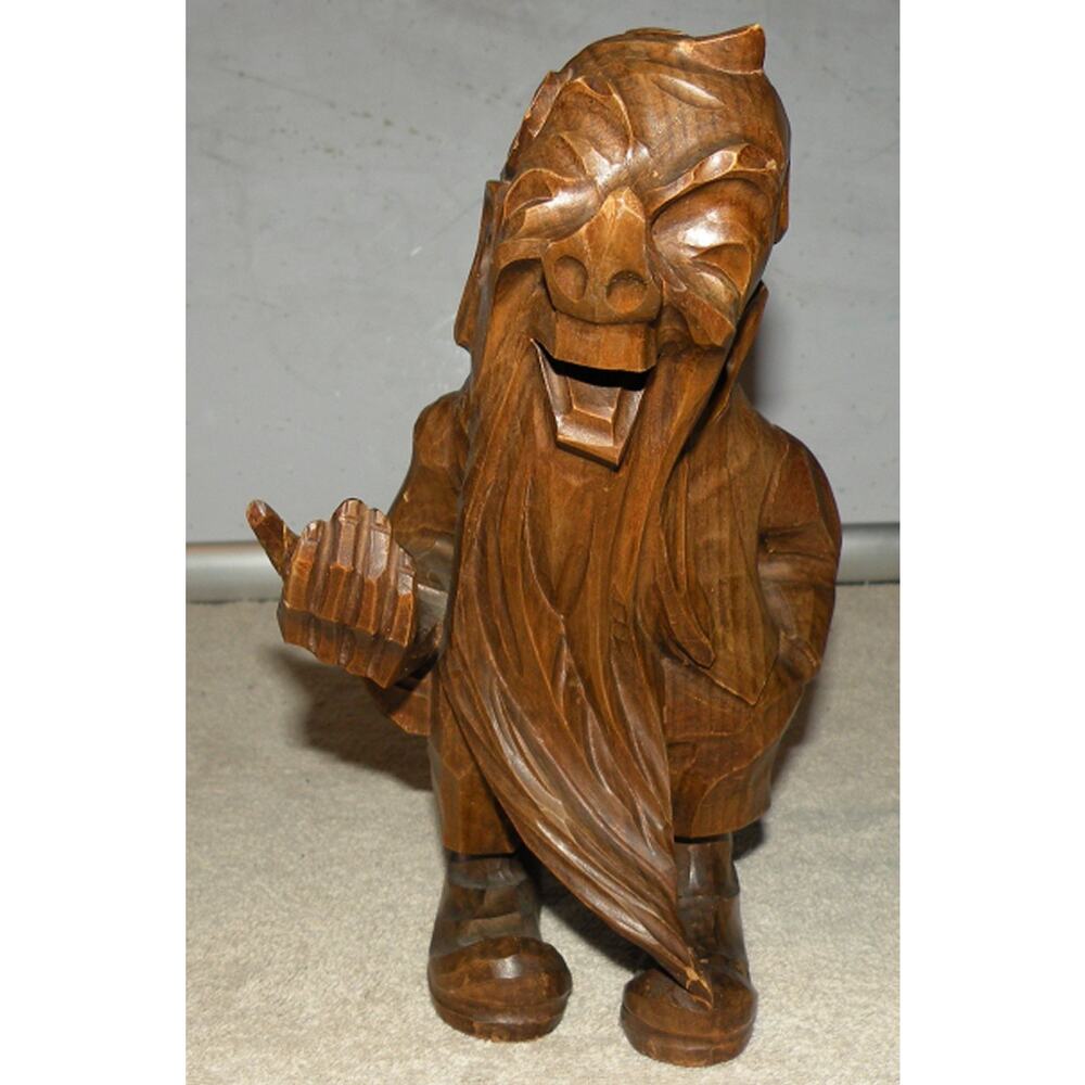 Vintage Hand Carved Wood Rübezahl Folkloric Figure Gnome Dwarf Statue Thinker